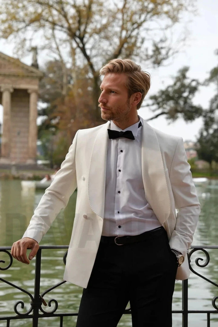 Men off white double breasted coat-Front