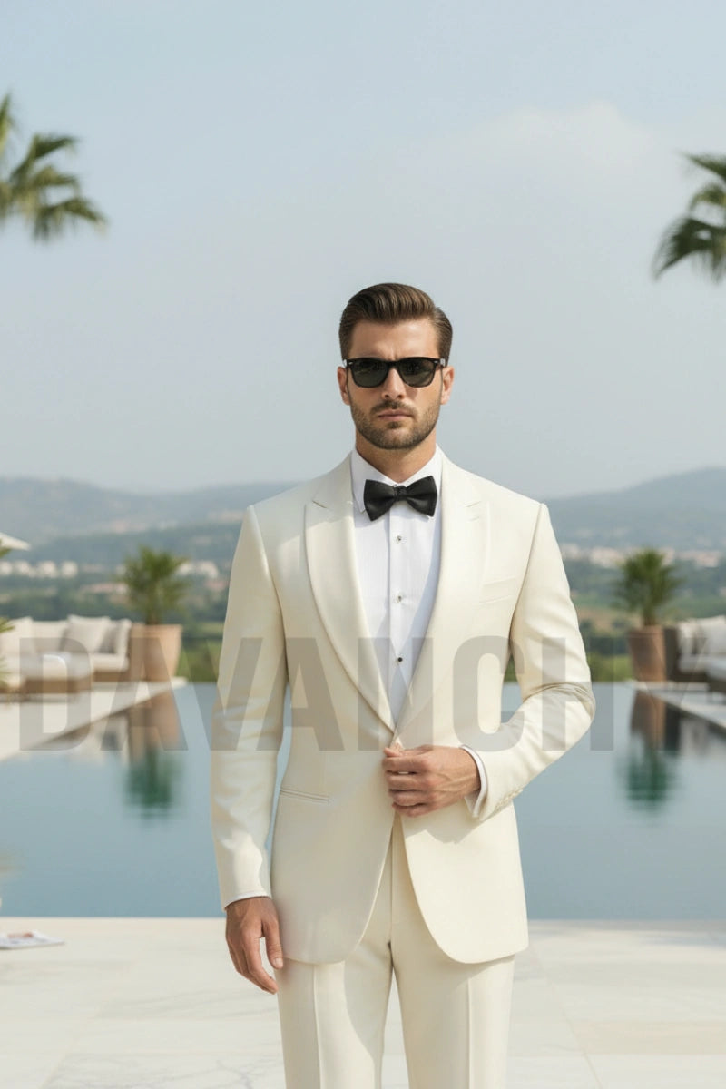 Luxury ivory suit with tailored blazer and matching trousers-Front