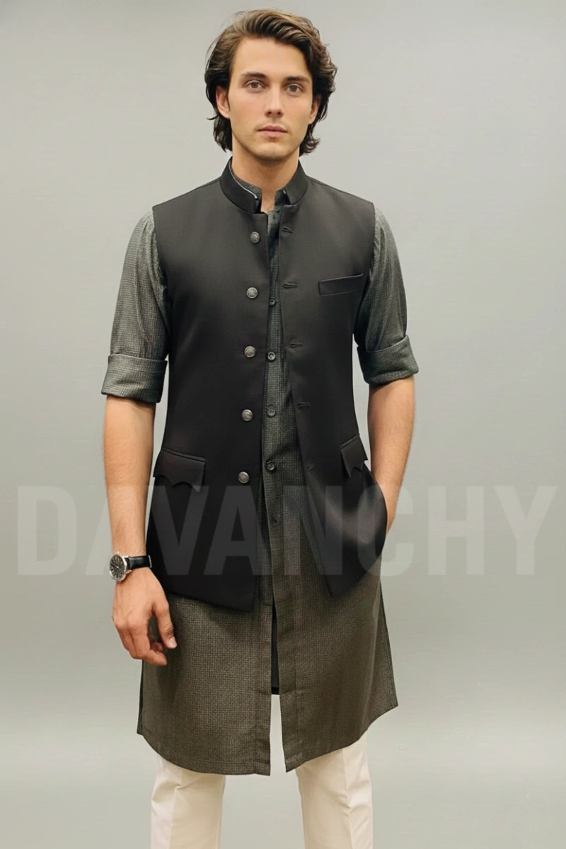 Men sleeveless ethnic waistcoat-Front