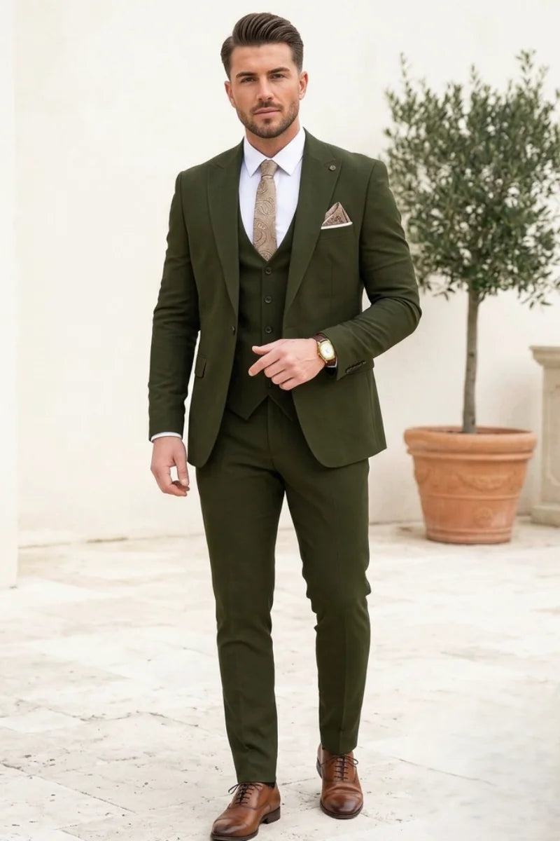 Men's Olive Green Formal Wedding Suit - Front