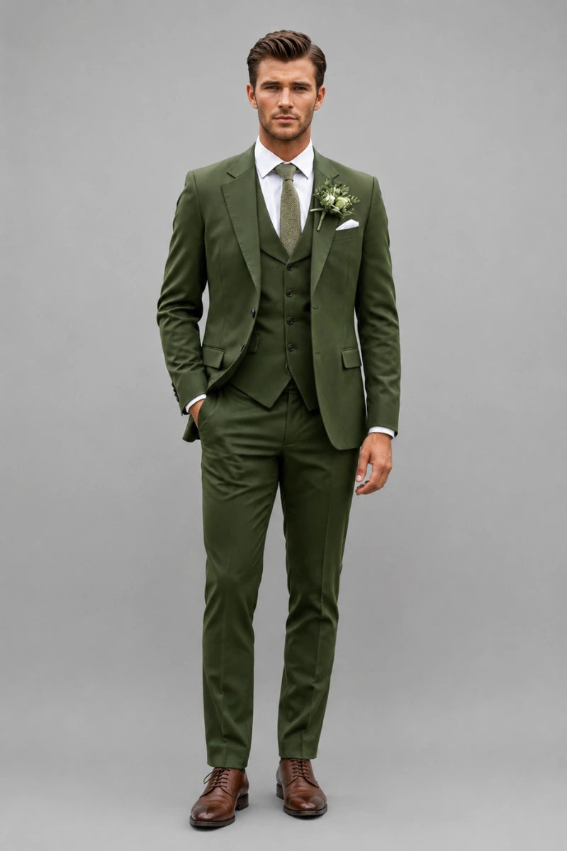 Men’s olive green three piece wedding suit-Front