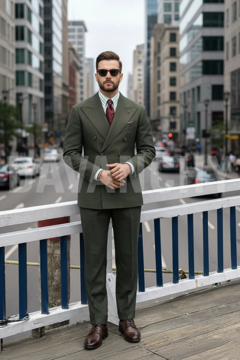 Men Olive Green Formal Two Piece Suit Double Breasted Business Wear 54 / 44