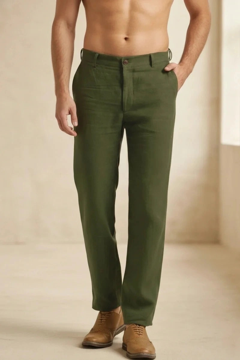 Men Olive Green Casual Linen Pant-Front