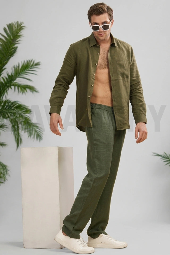 Men olive green casual linen trouser-Front