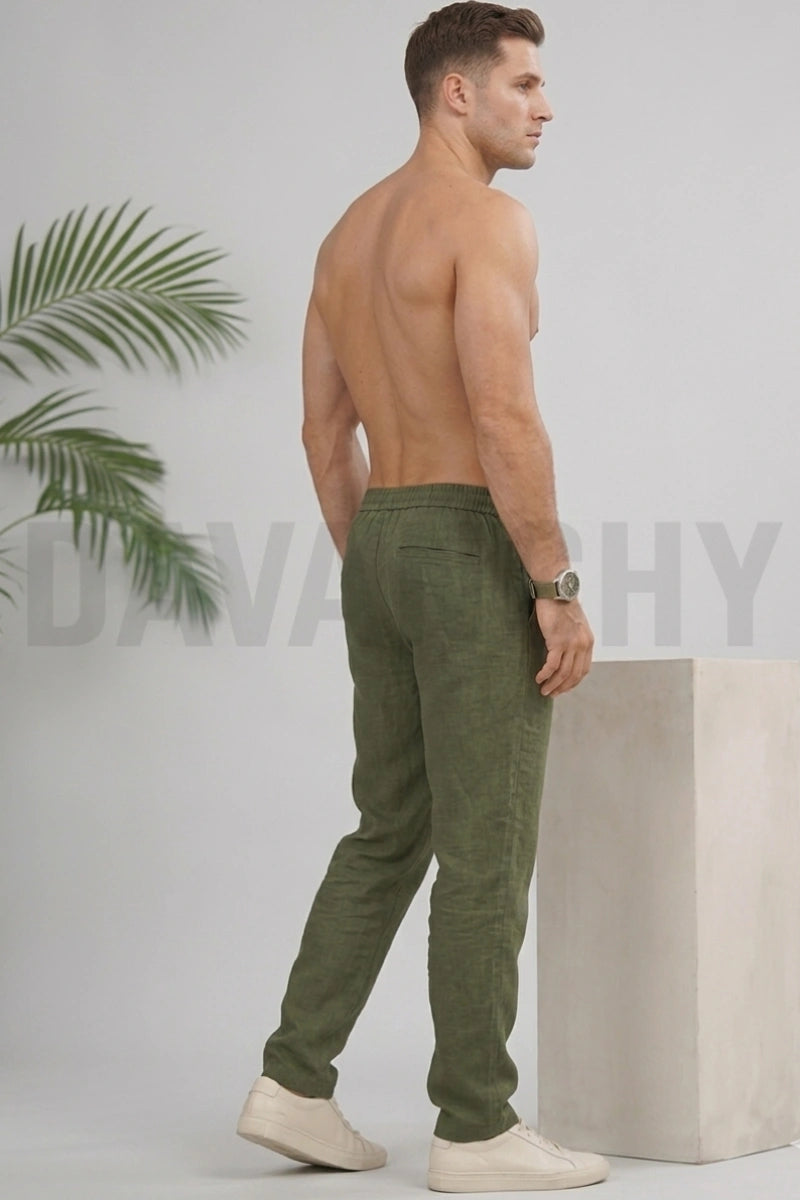 Men olive green casual linen pant-Back
