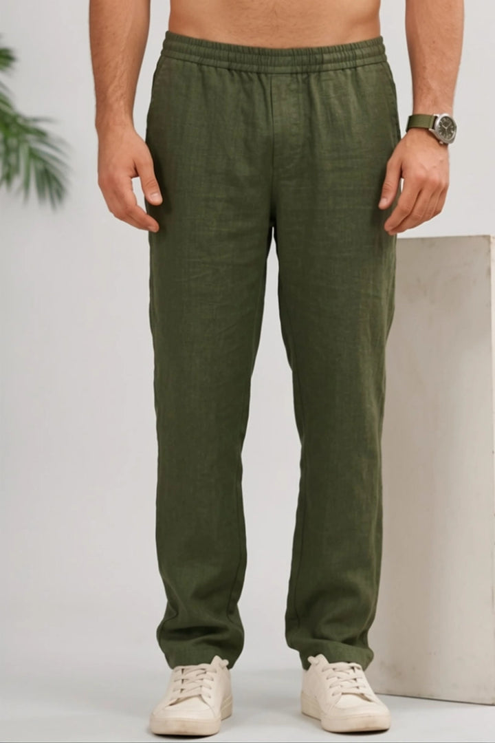 Men Olive Green Casual Linen Trouser-Front
