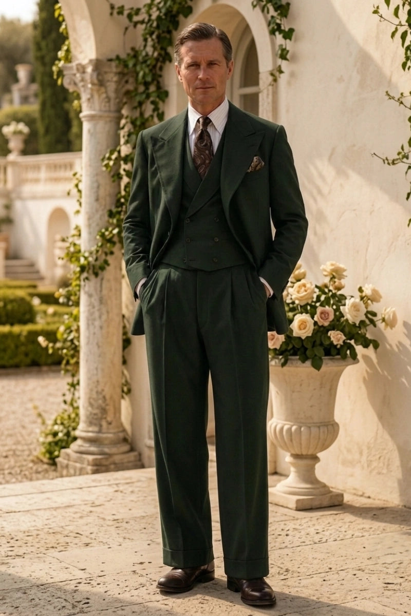 Men Olive Green Stylish Party Wear Three Piece Suit - Front