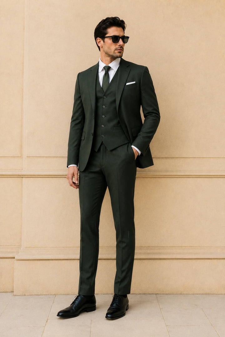 Premium Olive Green Three Piece Suit Formal Business Wear Outfit-Front 