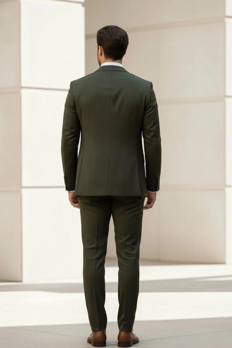 Olive Green Groomsmen Reception Wear Suit - Back