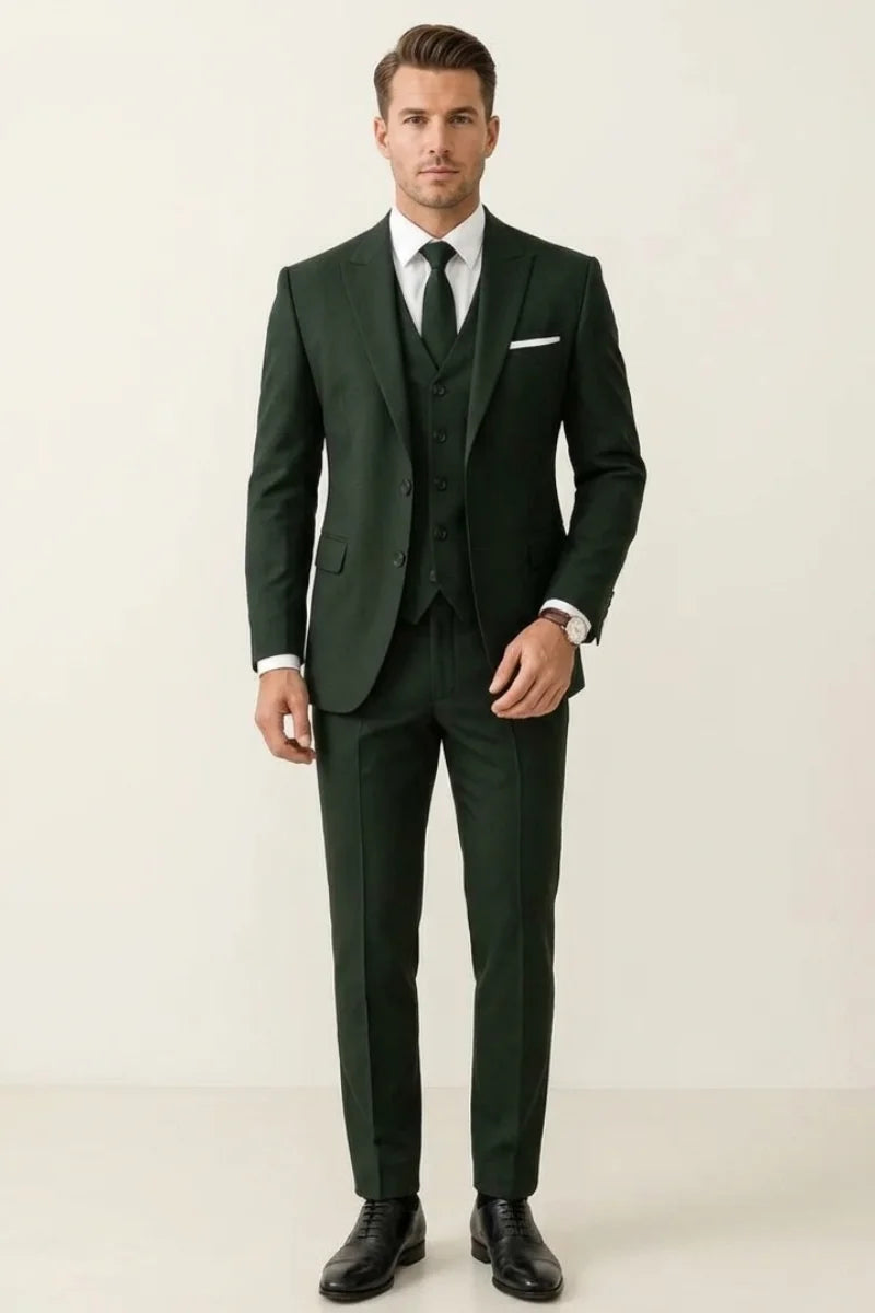 Men's Olive Green Single Breasted Three Piece Suit - Front