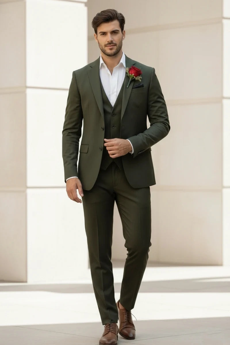 Men's Olive Green Casual Three Piece Suit - Front