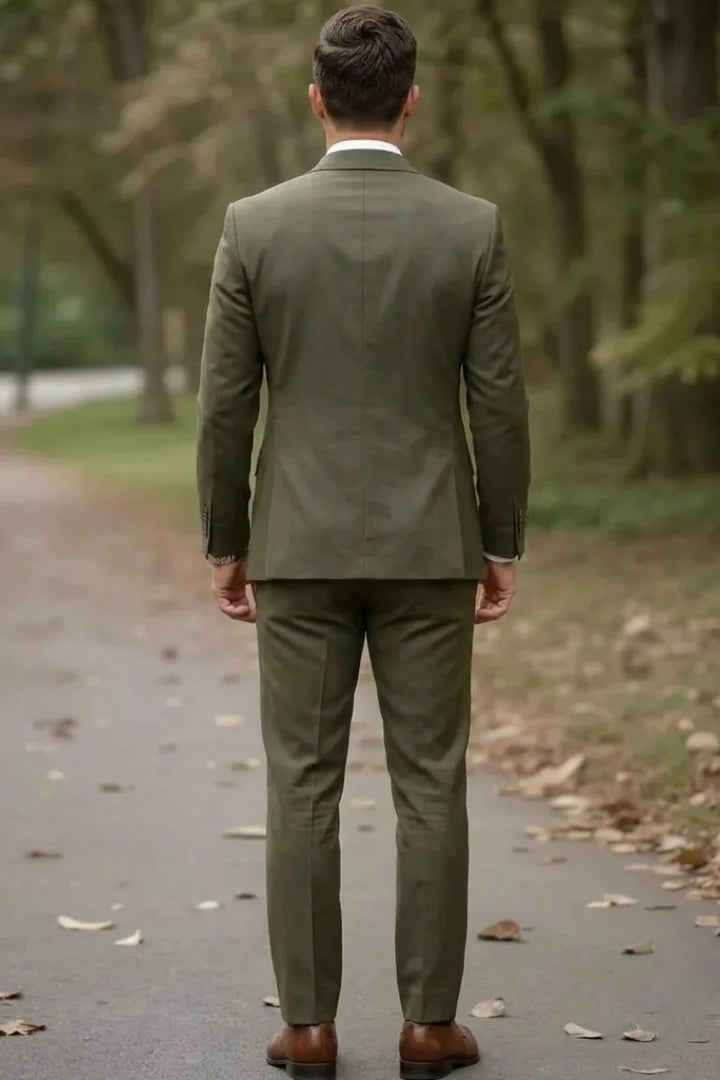 Olive Green Single Breasted Office Wear Suit For Men&