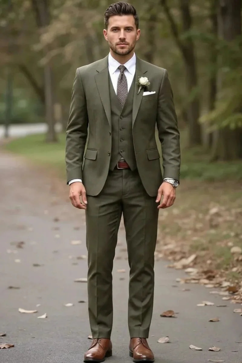 Stylish Olive Green Three Piece Suit - Front