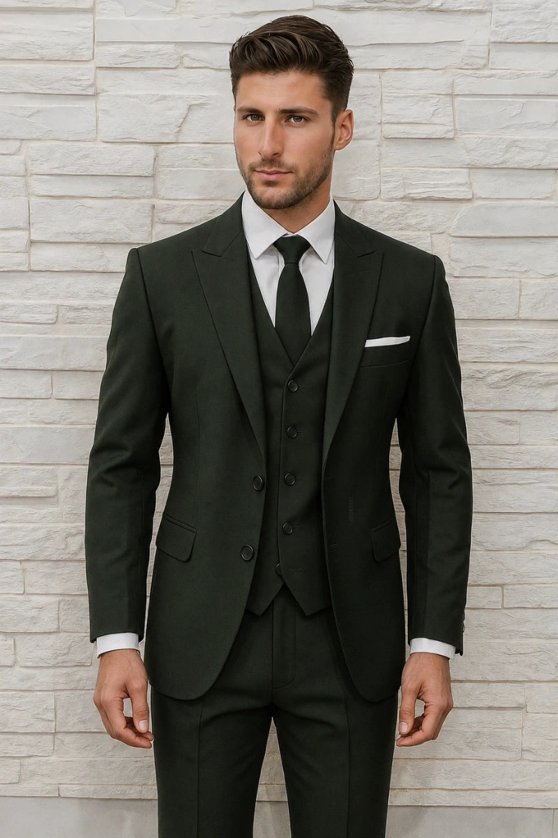 Men’s olive green three piece suit-Front
