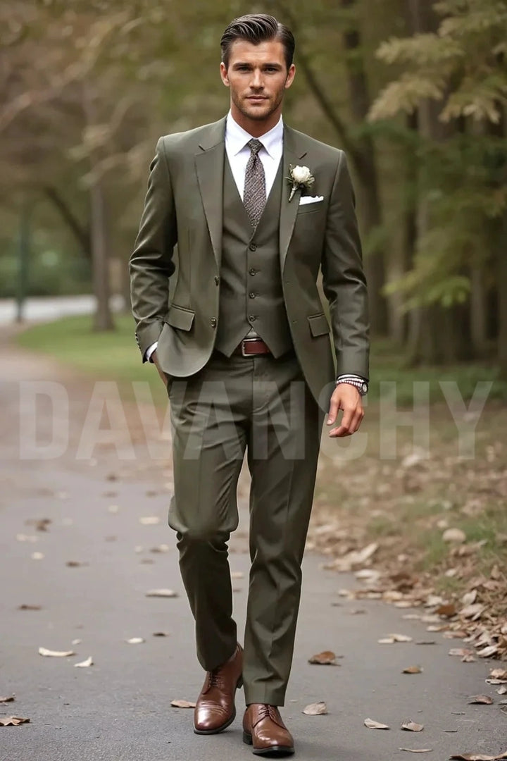 Men olive green single breasted 3 piece suit - front