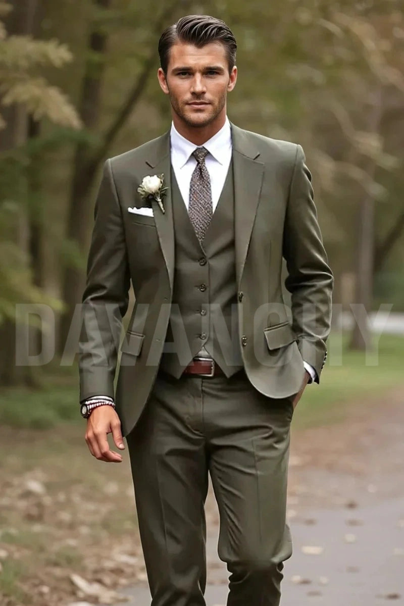 Stylish men wedding suit olive green groom attire-front