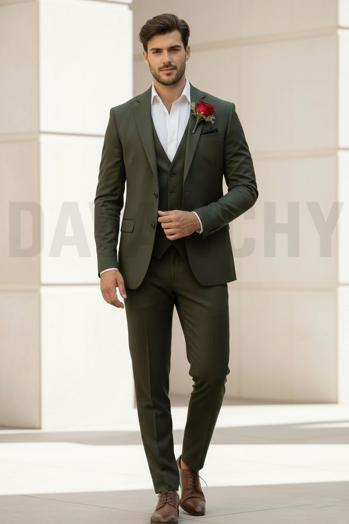 Men olive green three piece suit-Front