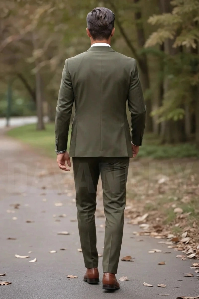 Stylish men wedding suit olive green groom attire-Back