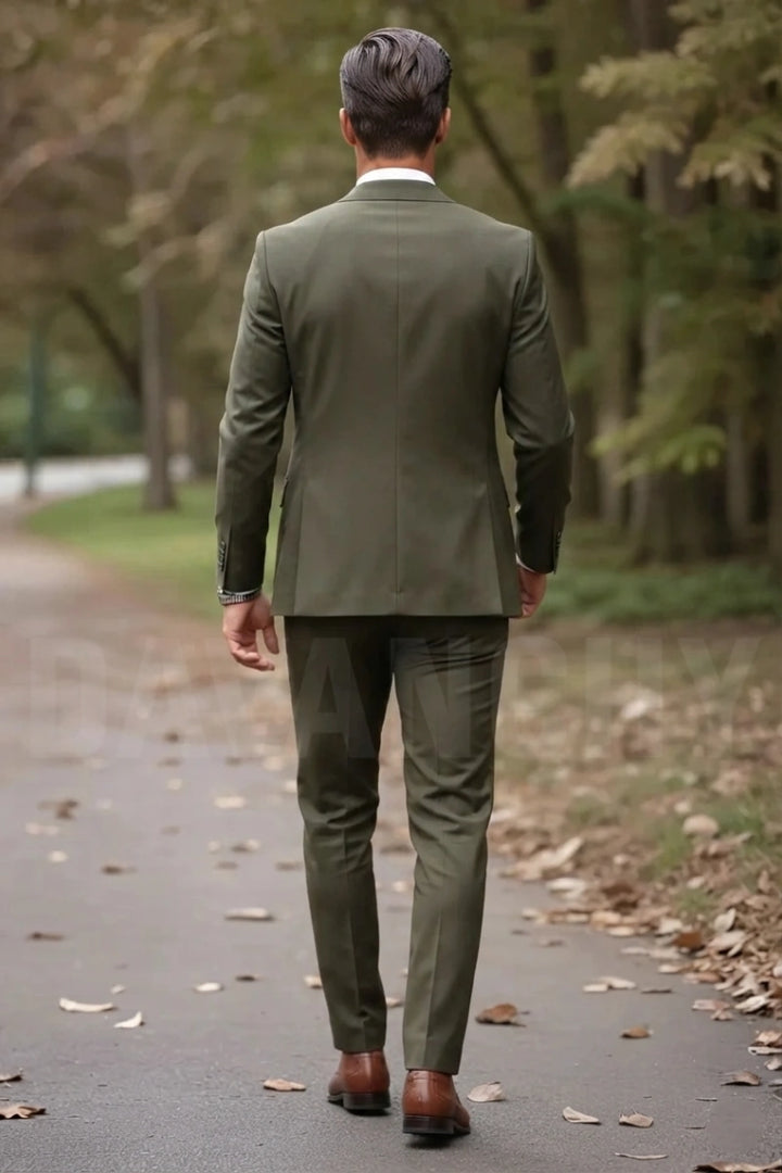 Stylish men wedding suit olive green groom attire-Back
