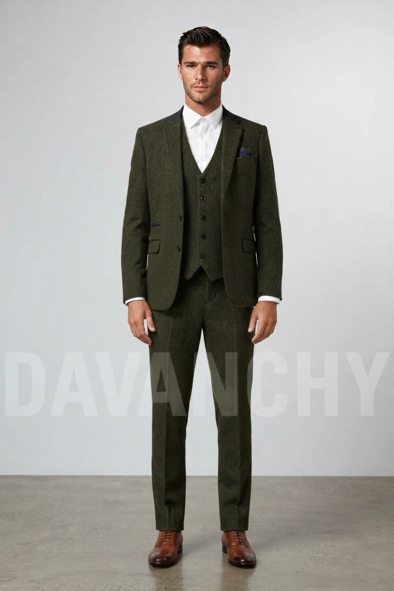Olive green tweed three-piece suit-Front