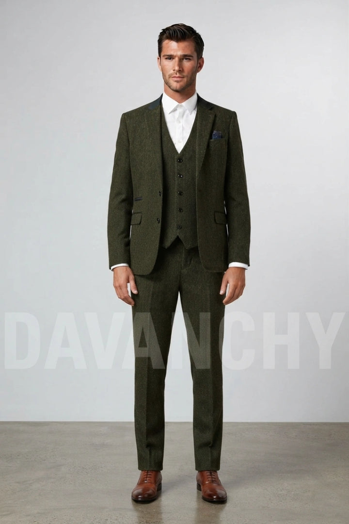Olive green tweed three-piece suit-Front