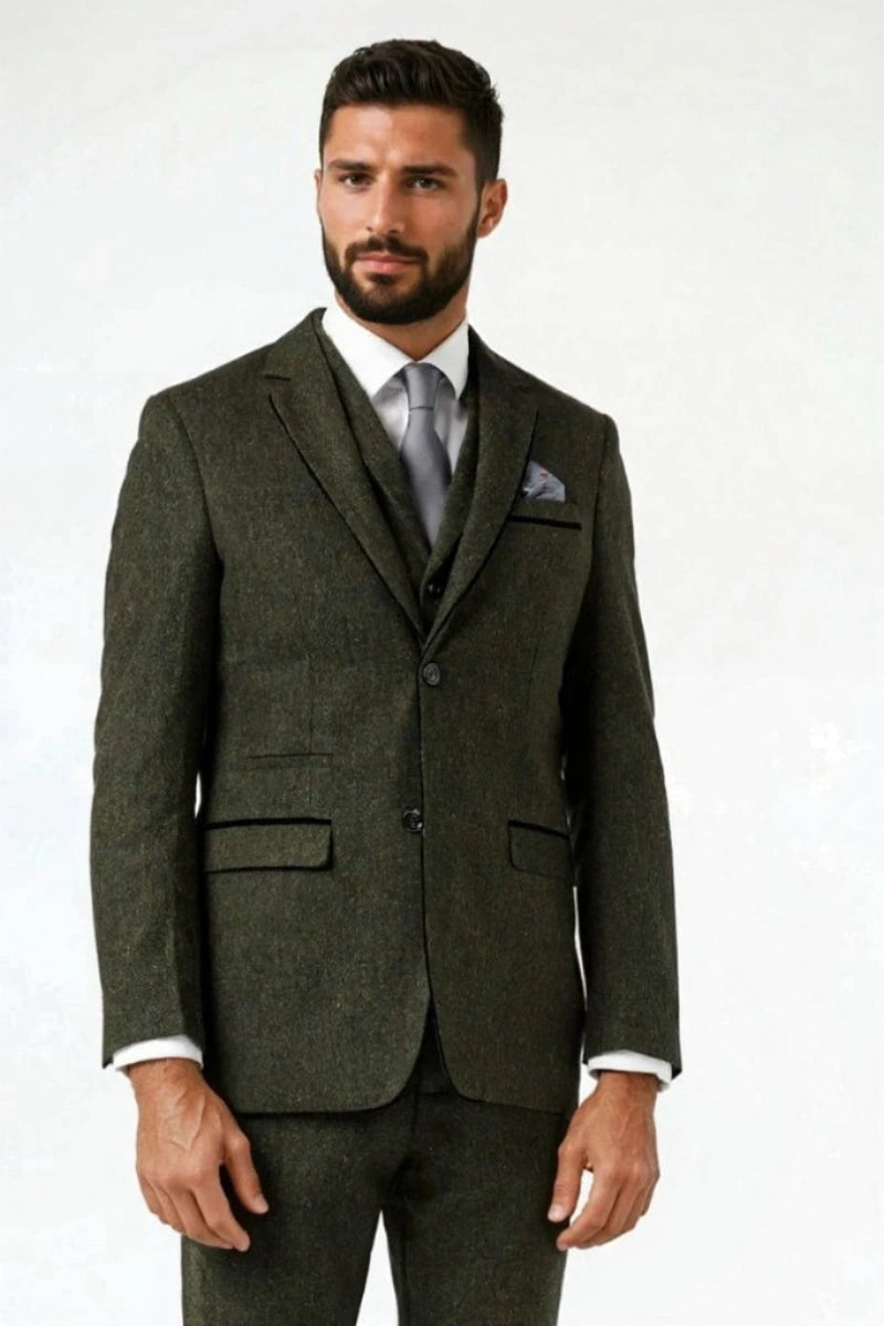 Men Olive Green Tweed Formal Blazer-Front