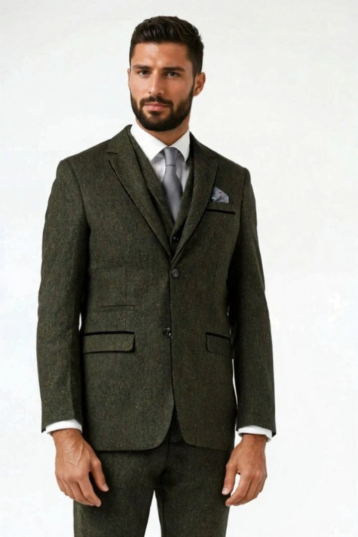 Men Olive Green Tweed Formal Blazer-Front