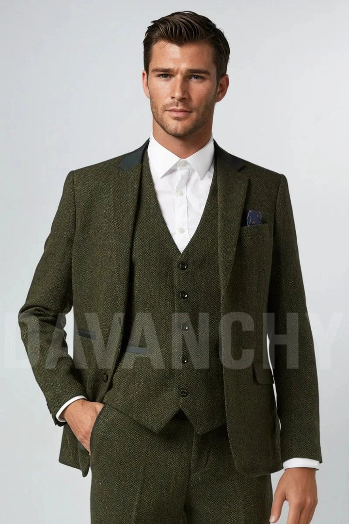 Olive green tweed three-piece suit-Front