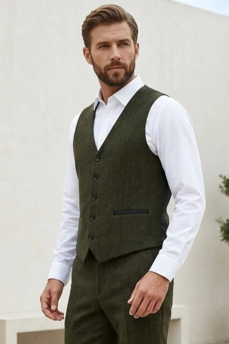 Men's slim fit olive waistcoat for winter occasions and events-Front