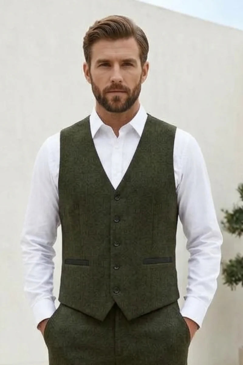 Olive green tweed waistcoat for men. Perfect for special occasions-Front