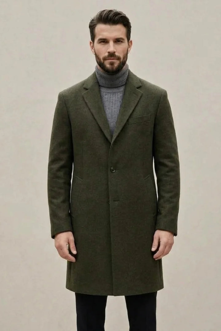 Olive green winter coat for men with button closure