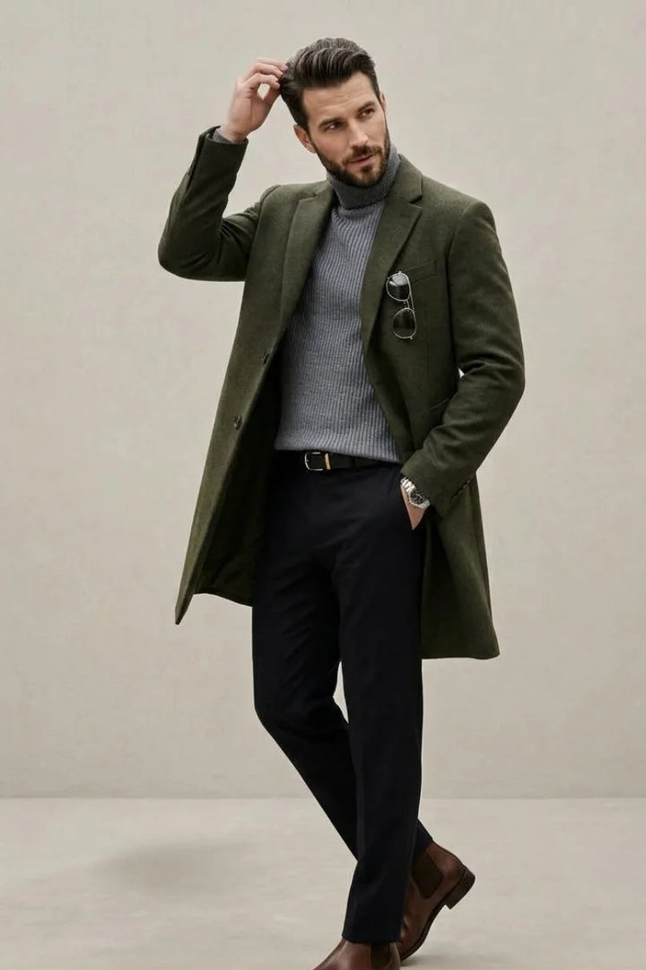 Men’s olive green formal overcoat with notch lapel collar