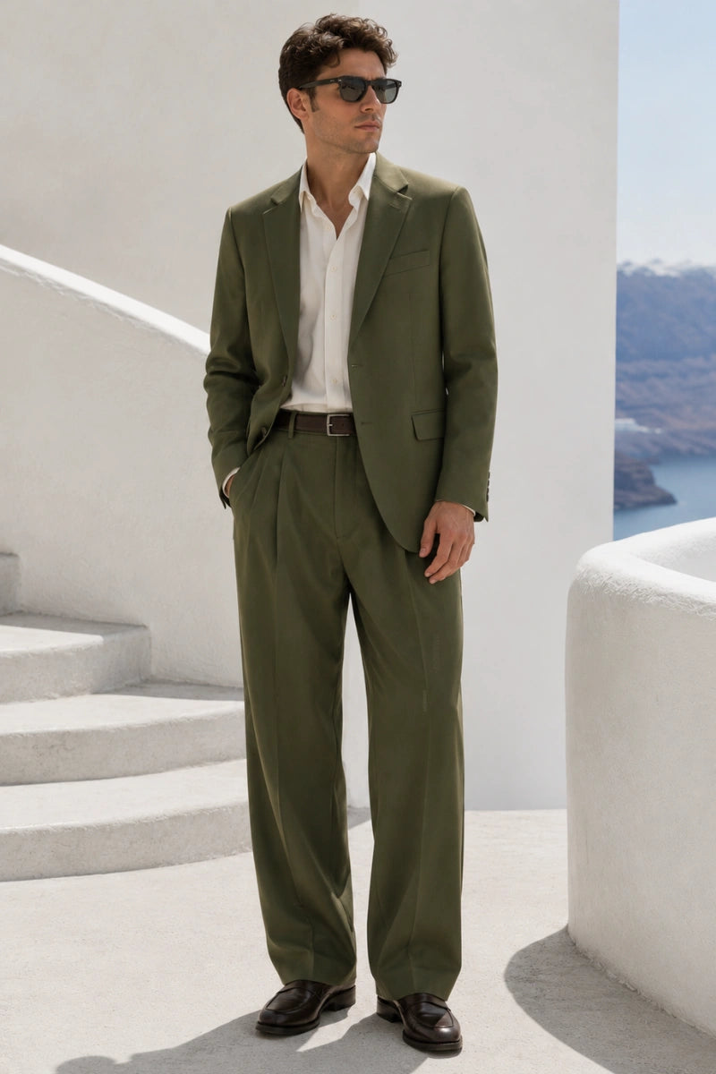 Men’s olive green two-piece business suit with notch lapel-Front