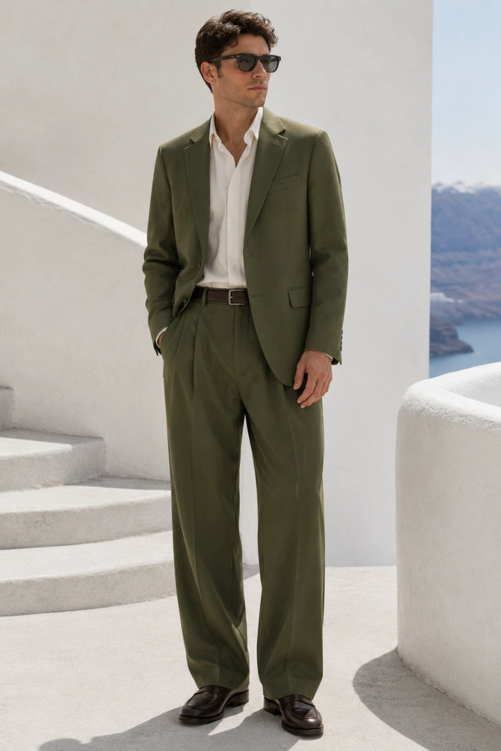 Men’s olive green two-piece business suit with notch lapel-Front