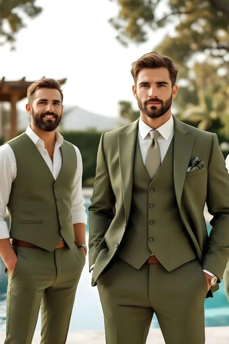 Olive Green Wedding Wear Outfit For Groom and Groomsmen - Different
