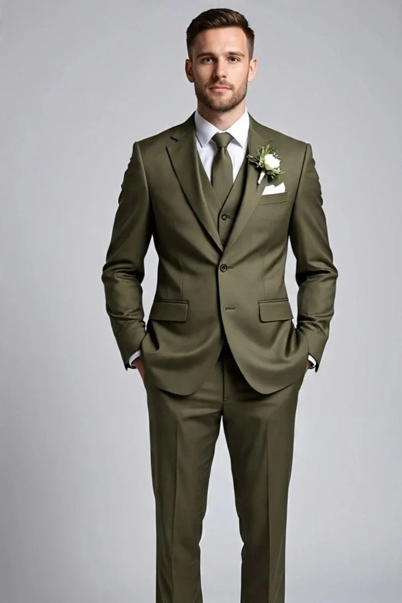 Men's Olive Green Wedding Wear Three Piece Suit -Full Front