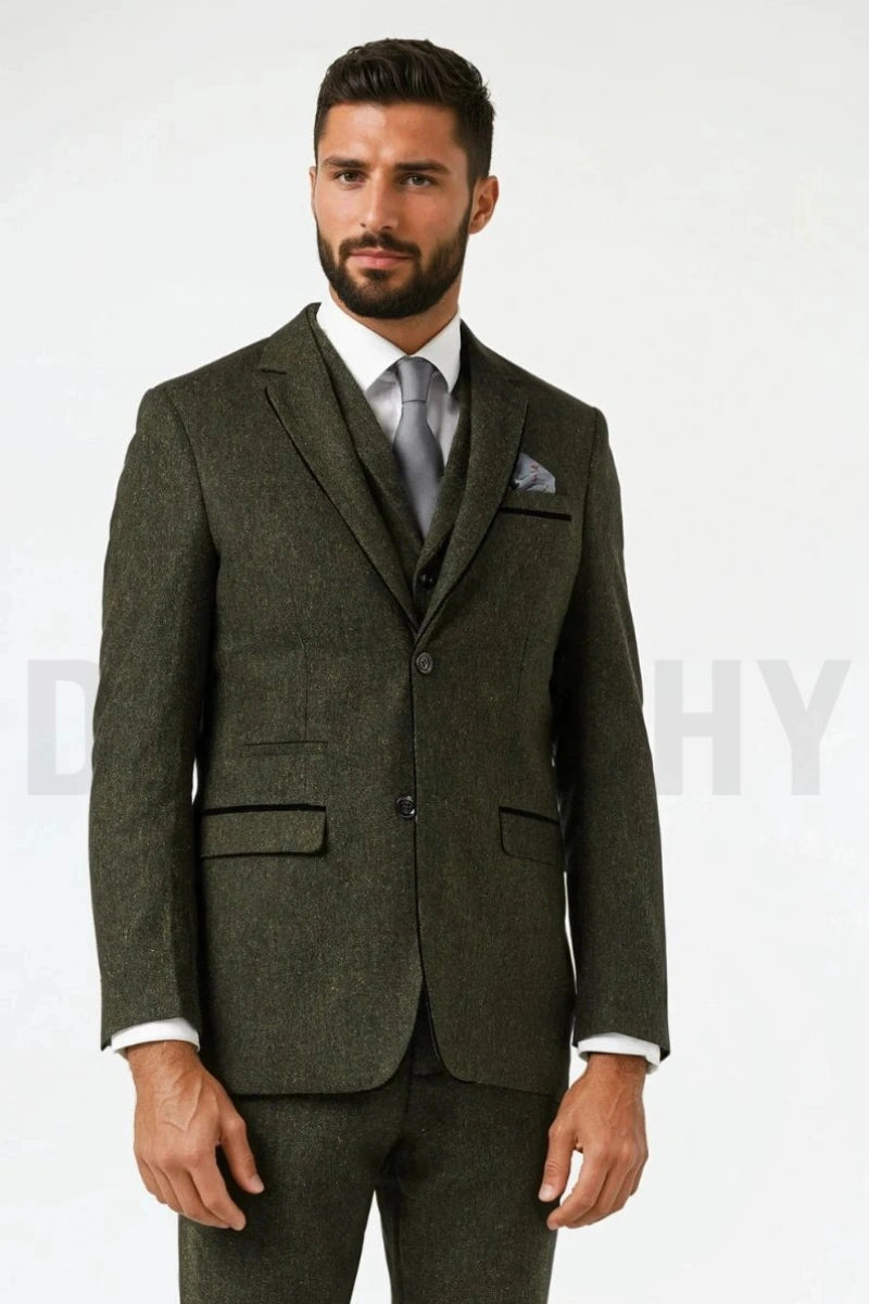 Men Olive Green Tweed Formal Blazer-Front