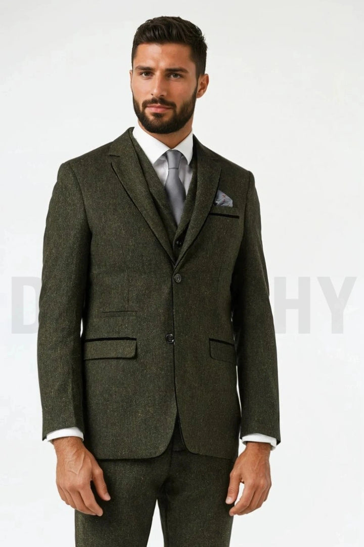 Men Olive Green Tweed Formal Blazer-Front