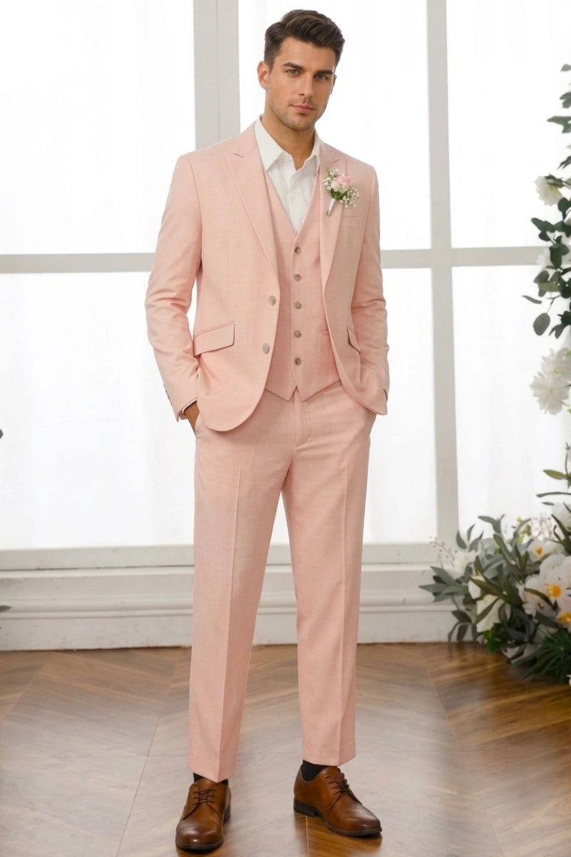Men's Peach Stylish Wedding Wear Three Piece Suit - Front