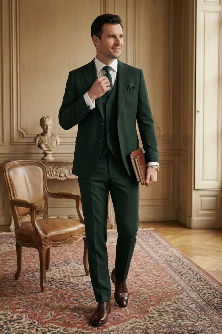 Men Pine Green Three piece Suit-Front