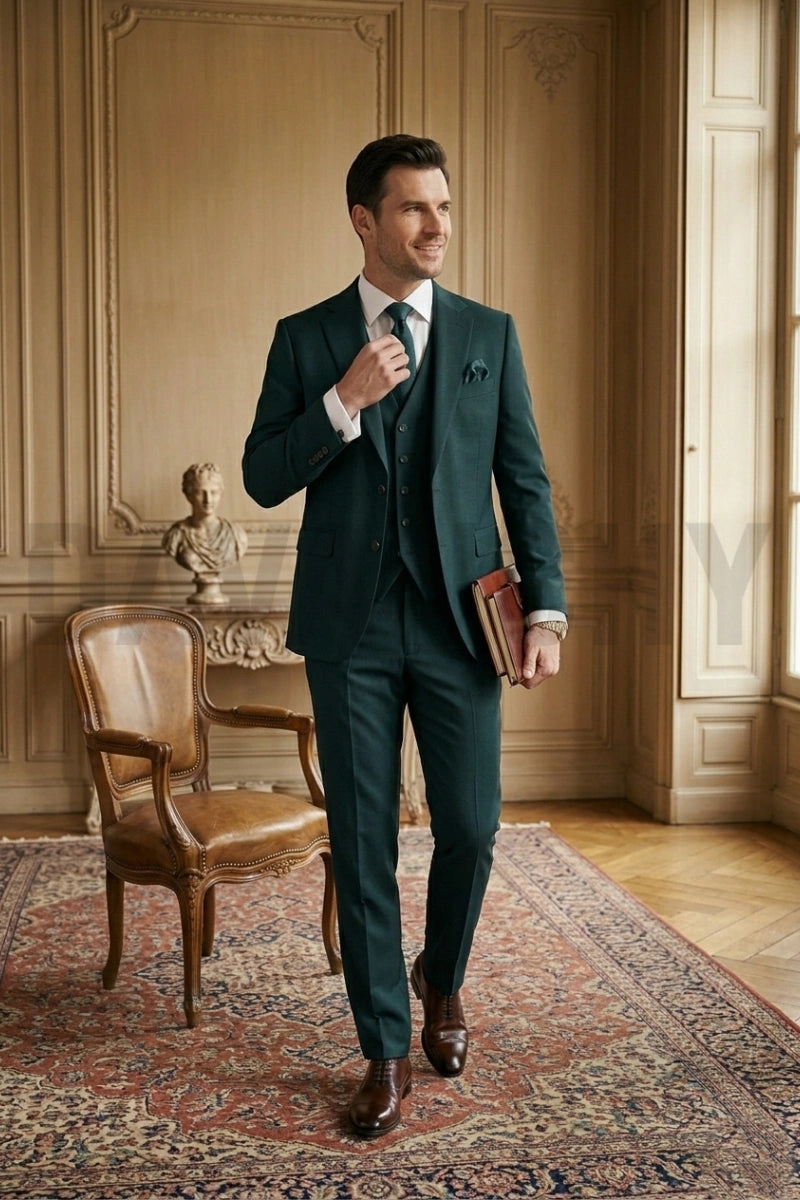 Men Pine Green Three piece Suit_Front
