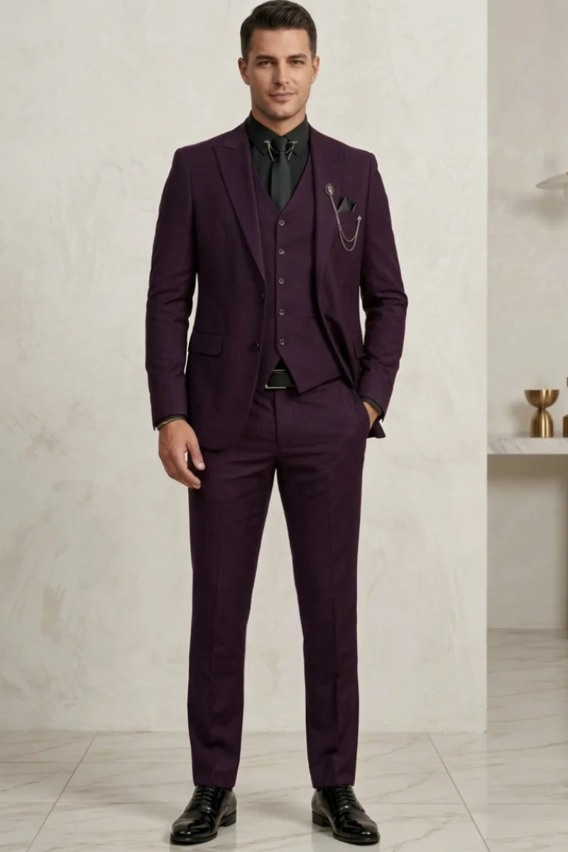 Men Purple Three-Piece Suit-Front