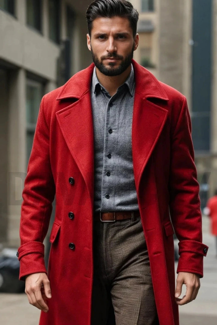 Men Red Double-Breasted Long Overcoat-Front