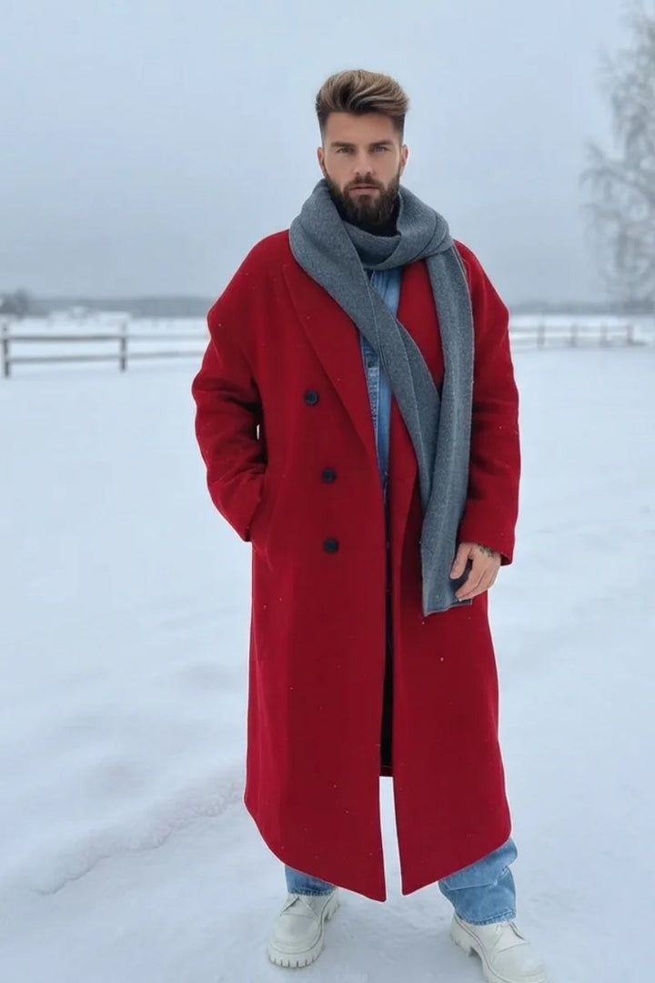 Men red wool overcoat-Front