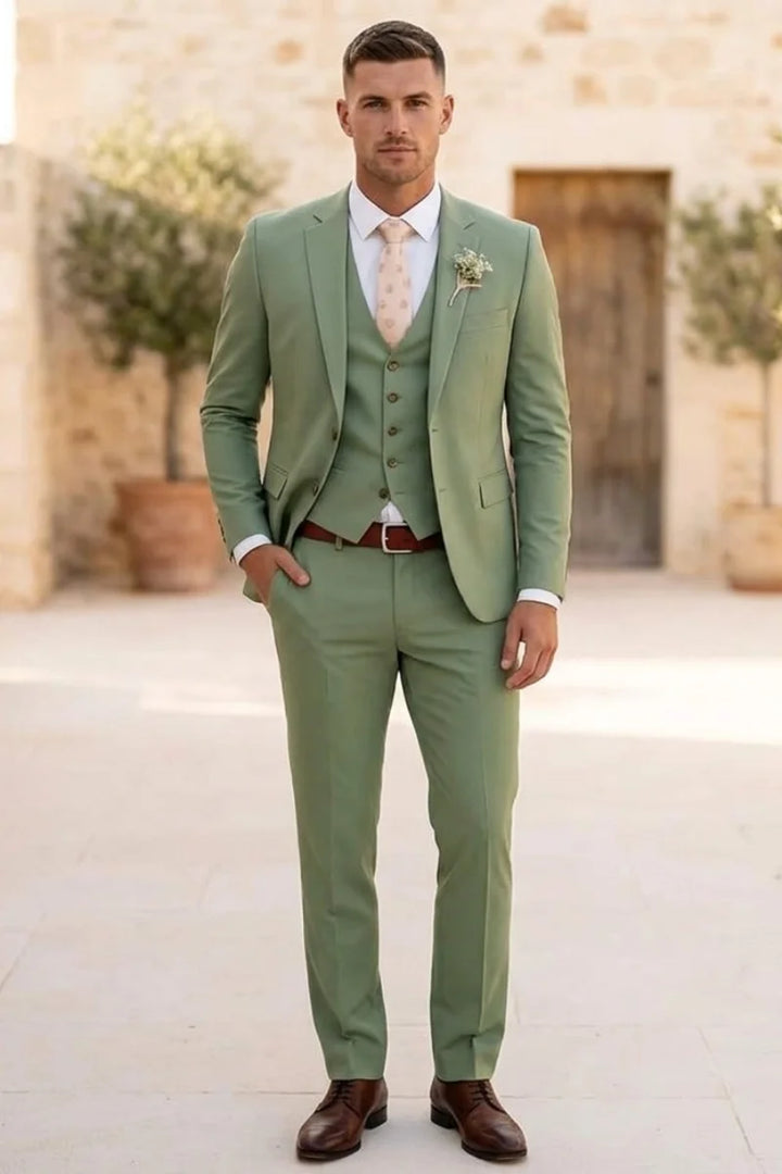 Men Sage Green Three Piece Suit-Front