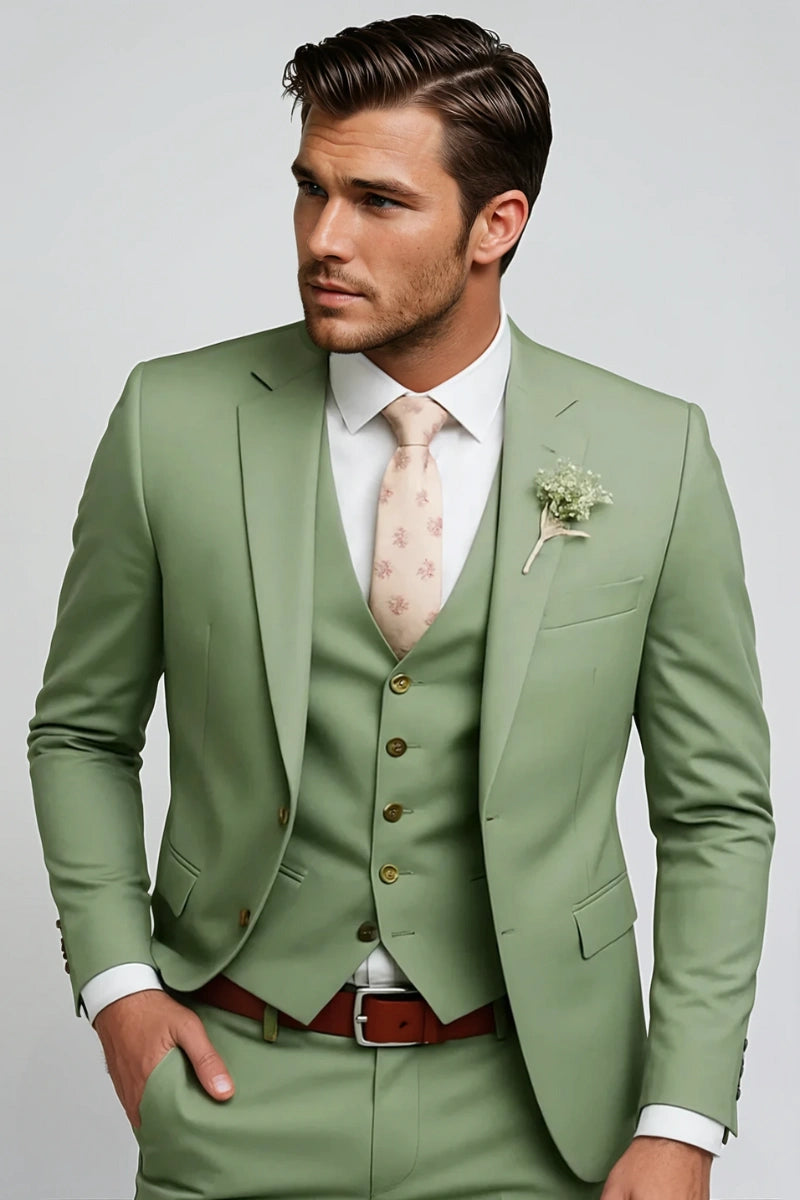 Men Sage Green Three Piece Suit-Front