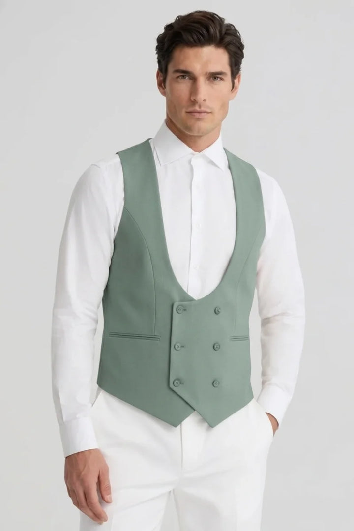 Men Sage Green Double Breasted Waistcoat-Front