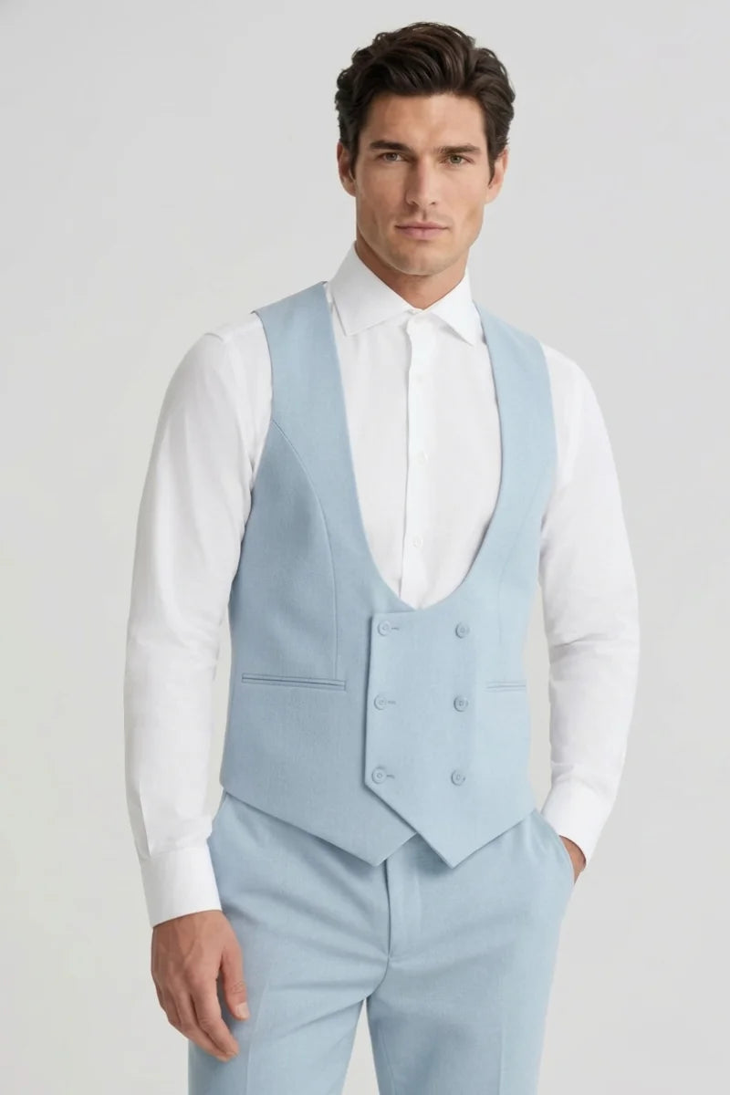 Men Sky Blue Formal Double Breasted Waistcoat-Front