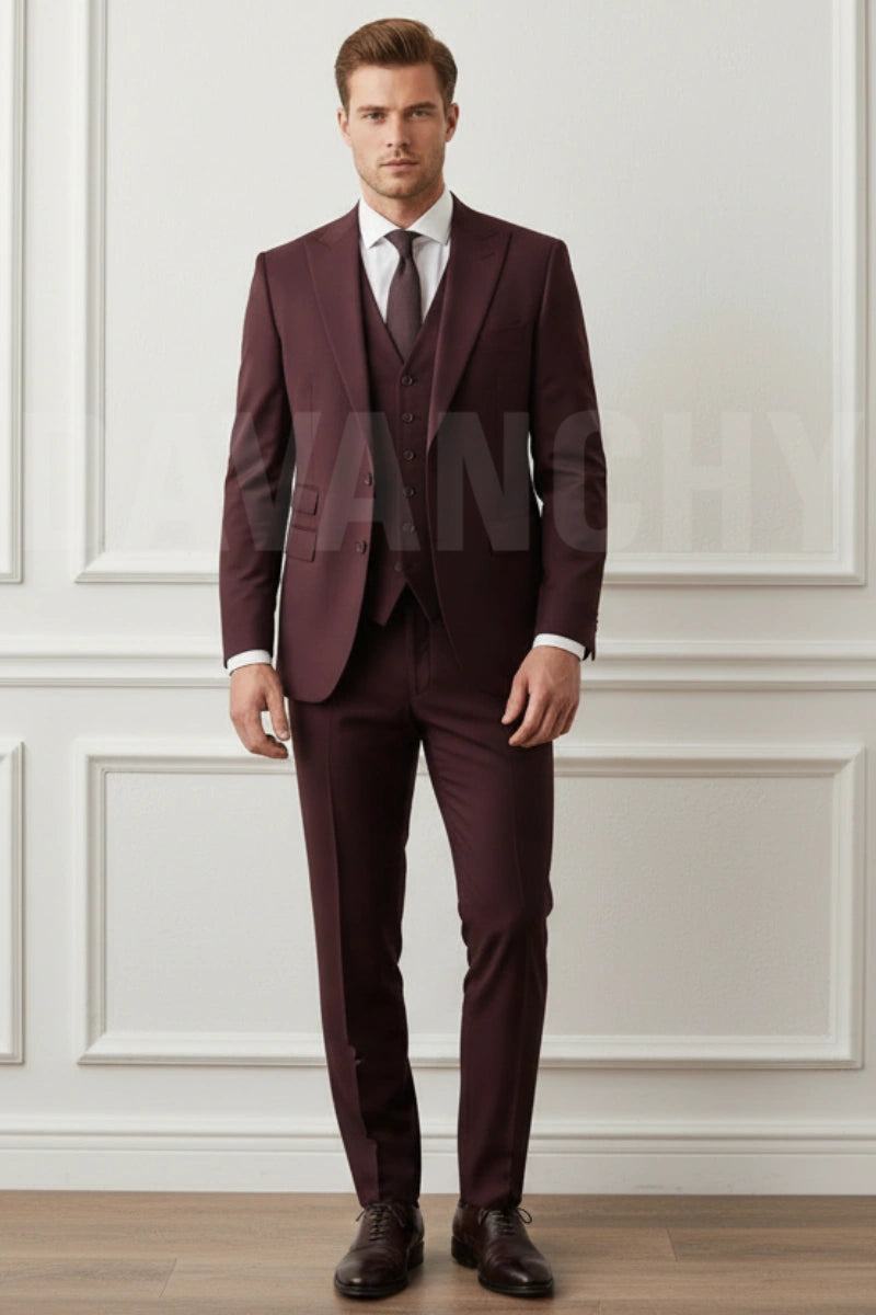 Men Burgundy Three Piece Formal Suit- Front