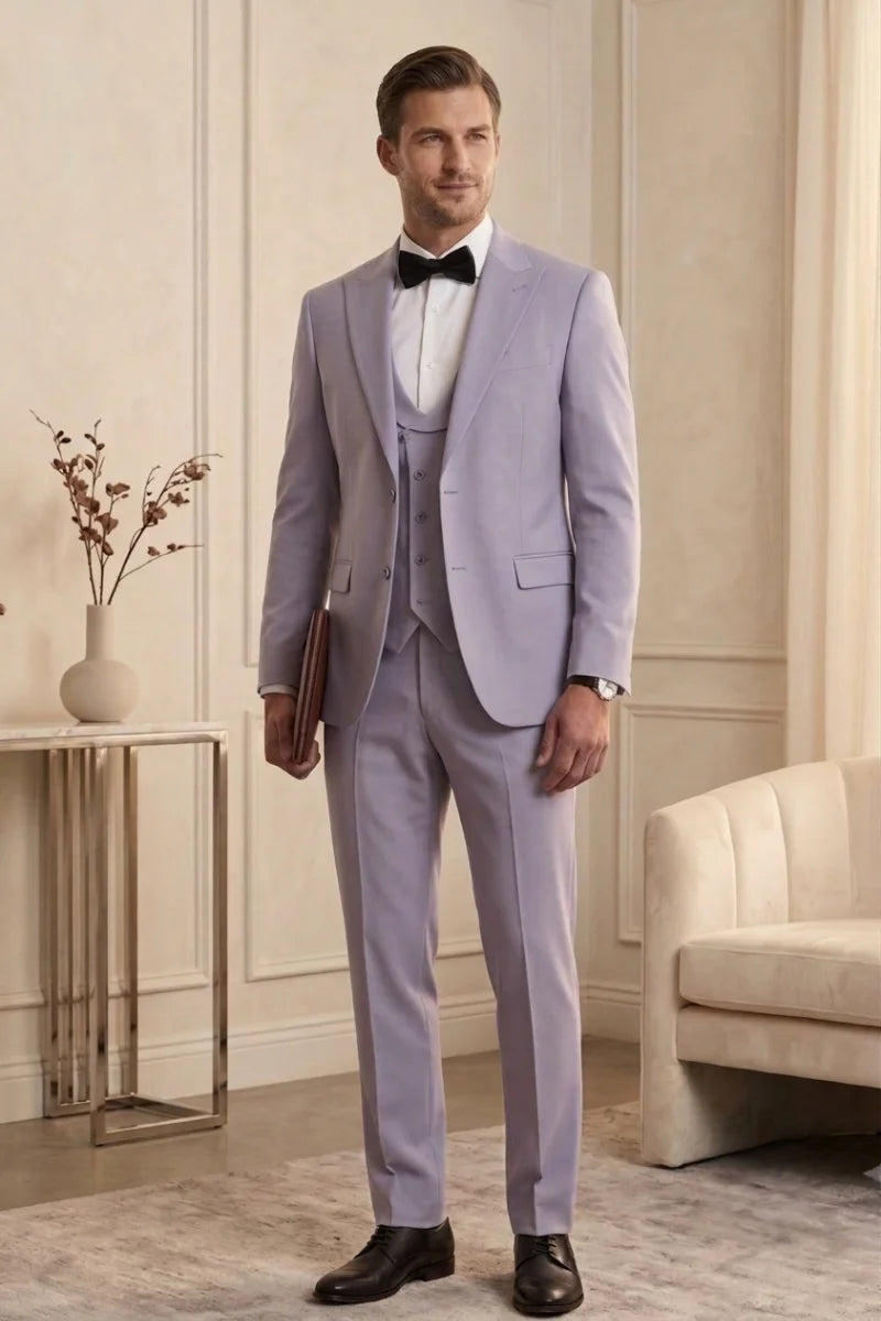 Men's Lavender Single-Breasted Three Piece Suit - Front